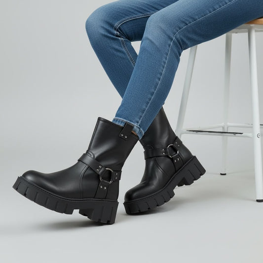 Tuclosetrenovado.cl Barbados black leather biker boots with chunky lug soles and buckled strap detail on a model