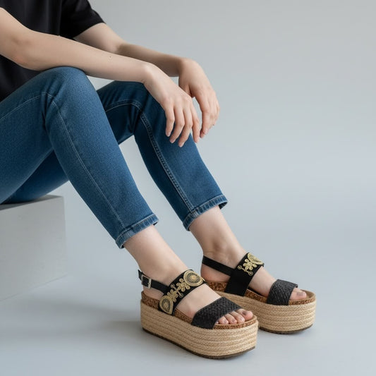 Tuclosetrenovado.cl black platform sandals with gold embroidery and jute rope soles worn with blue jeans