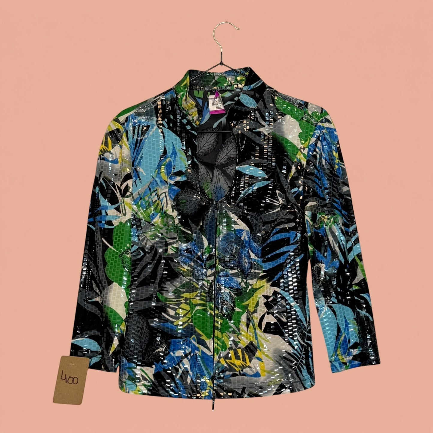 Blazer Tuclosetrenovado.cl de segunda mano con estampado tropical multicolor y cierre frontal