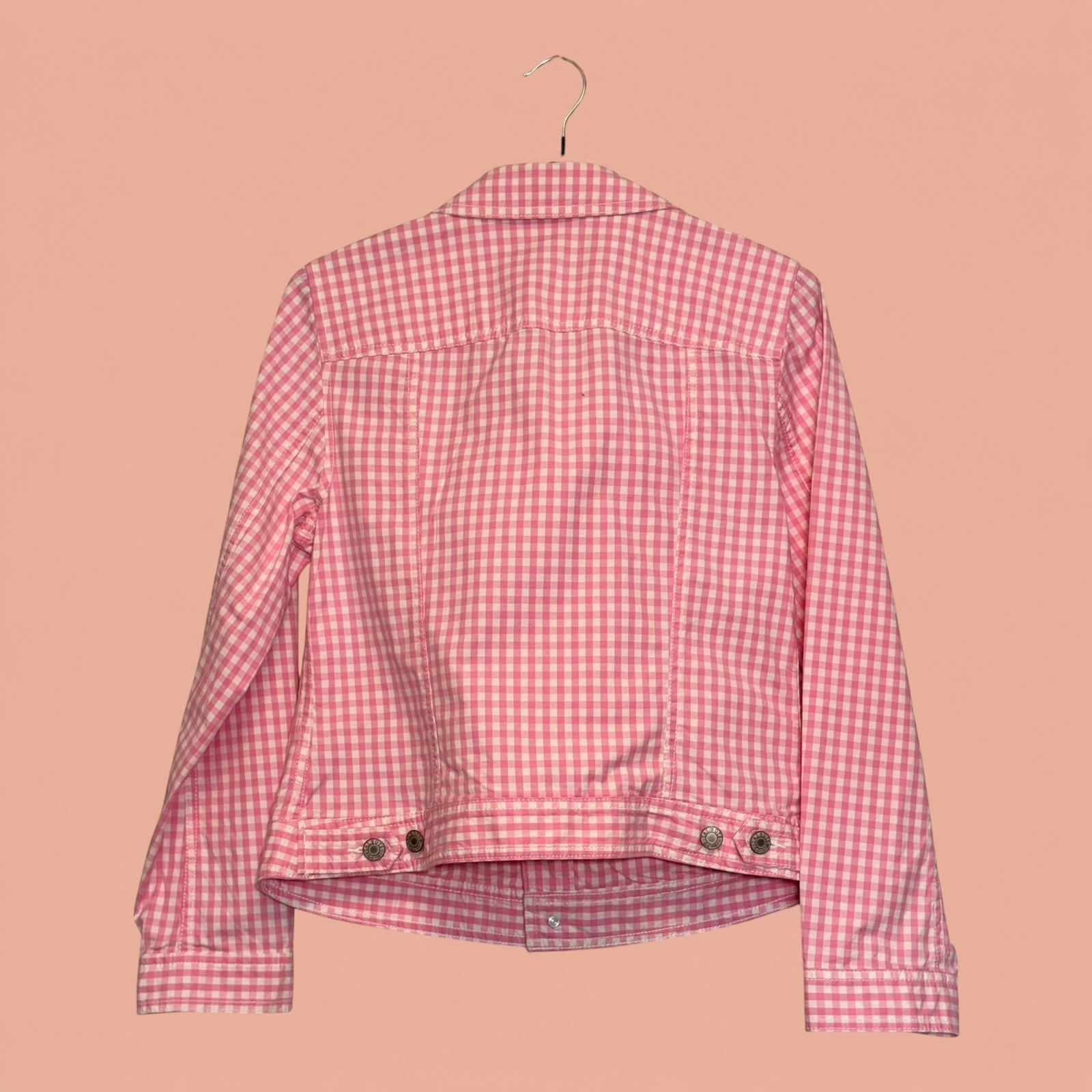 Blazer Tuclosetrenovado.cl de segunda mano con estampado de cuadros vichy en color rosa y blanco, vista trasera