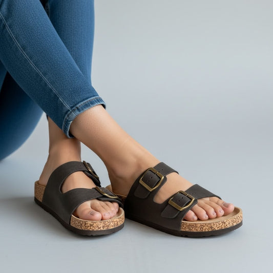 Tuclosetrenovado.cl pre-owned dark brown double-strap sandals with gold buckles and cork footbed worn with blue jeans