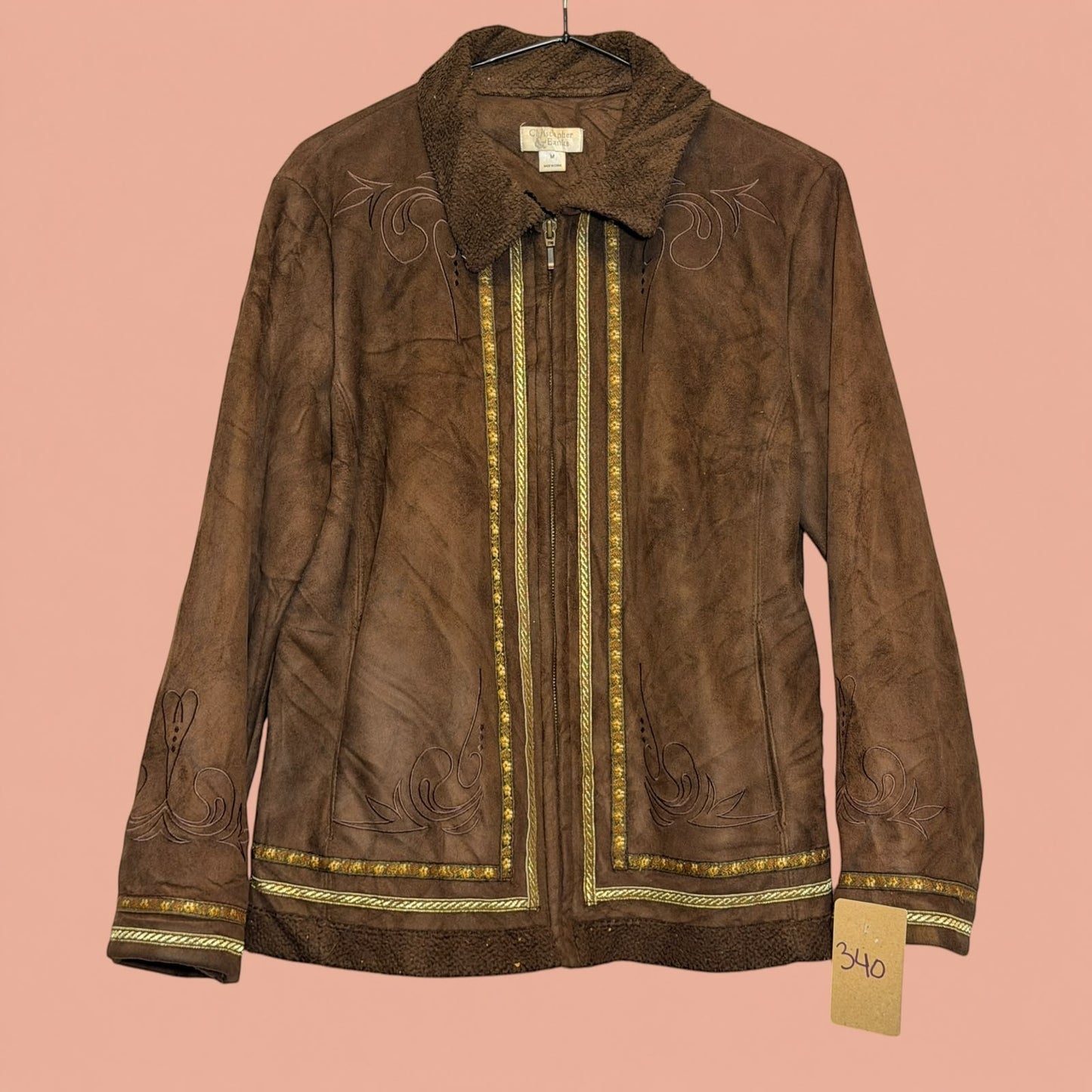 Chaqueta gamulan Tuclosetrenovado.cl marrón de ante sintético con bordados decorativos y cuello de borreguito
