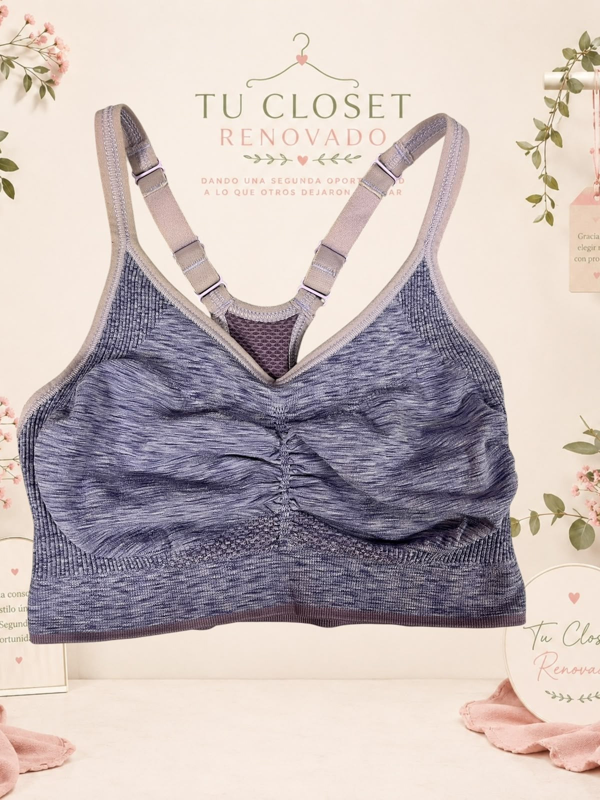 Sujetador deportivo Tuclosetrenovado.cl de color azul jaspeado con espalda nadadora y ajuste elástico