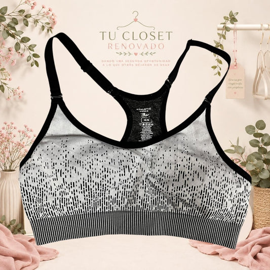 Sujetador deportivo Tuclosetrenovado.cl blanco y negro con estampado abstracto y espalda nadadora