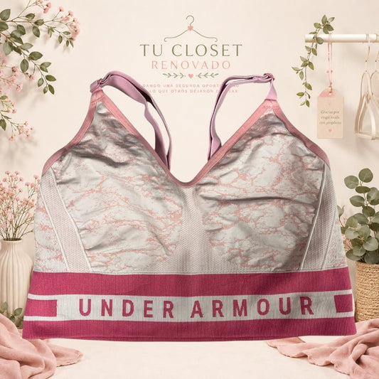 Sujetador deportivo Tuclosetrenovado.cl de color gris y rosa con estampado jaspeado y banda elástica con logo
