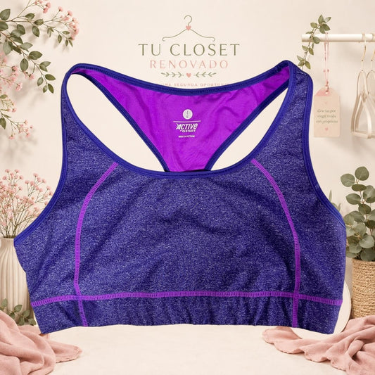 Sujetador deportivo Tuclosetrenovado.cl morado jaspeado con espalda nadadora y detalles en violeta intenso
