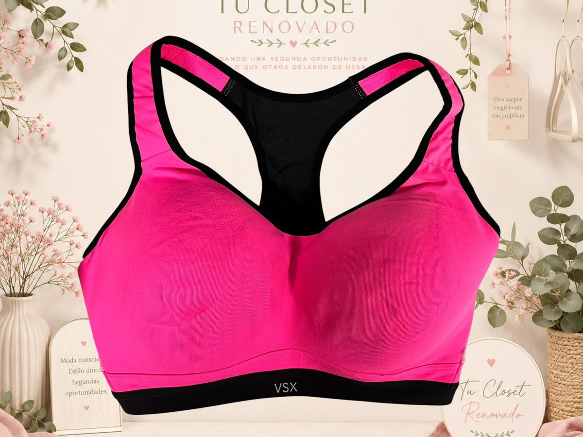 Sujetador deportivo Tuclosetrenovado.cl VSX en color rosa vibrante con detalles en negro y espalda de nadador