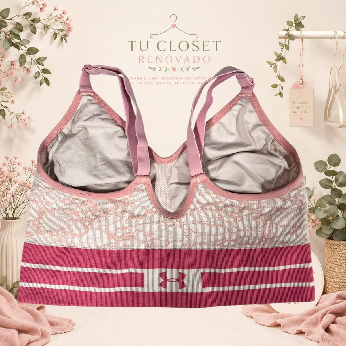 Sujetador deportivo Tuclosetrenovado.cl rosa y gris con estampado texturizado, tirantes ajustables y banda elástica