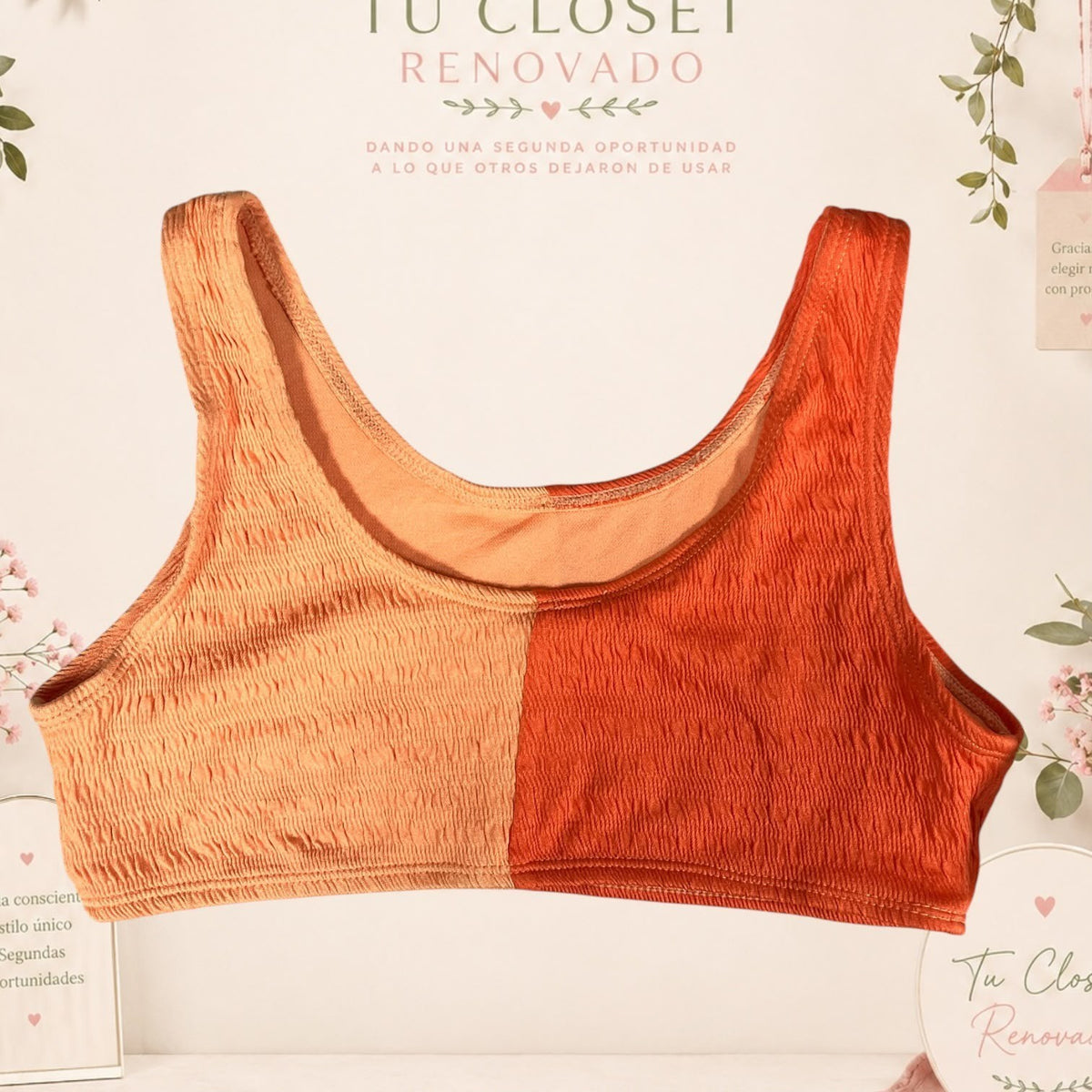 Top deportivo bicolor en tonos naranja y melocotón con textura fruncida de Tuclosetrenovado.cl