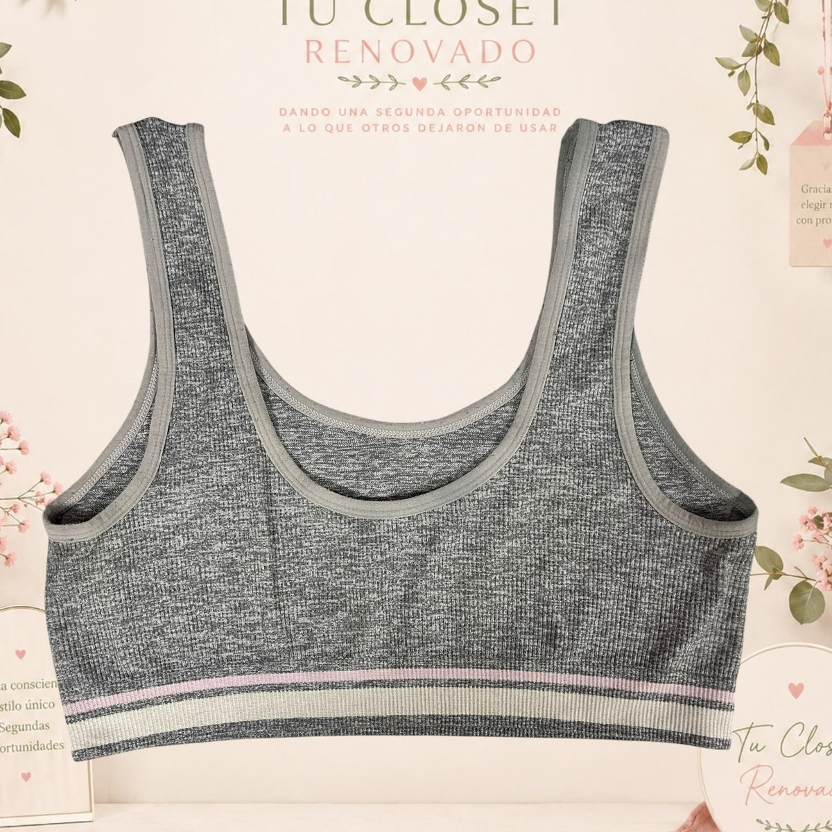 Top deportivo gris jaspeado con banda elástica inferior de Tuclosetrenovado.cl para entrenamiento y yoga