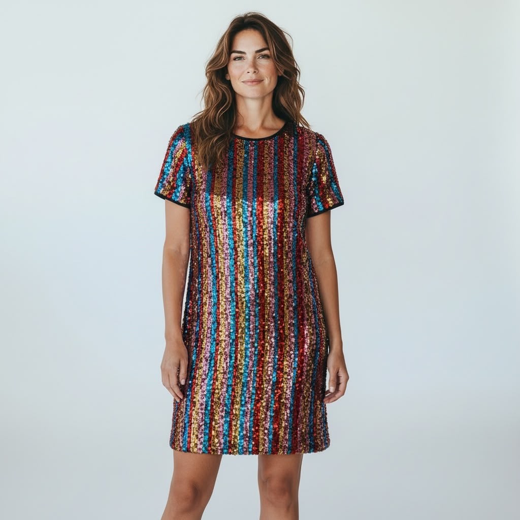 Mujer vistiendo vestido corto de lentejuelas multicolores a rayas de Tuclosetrenovado.cl, estilo festivo de segunda mano