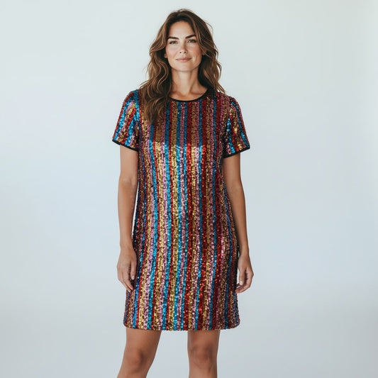 Mujer vistiendo vestido corto de lentejuelas multicolores a rayas de Tuclosetrenovado.cl, estilo festivo de segunda mano