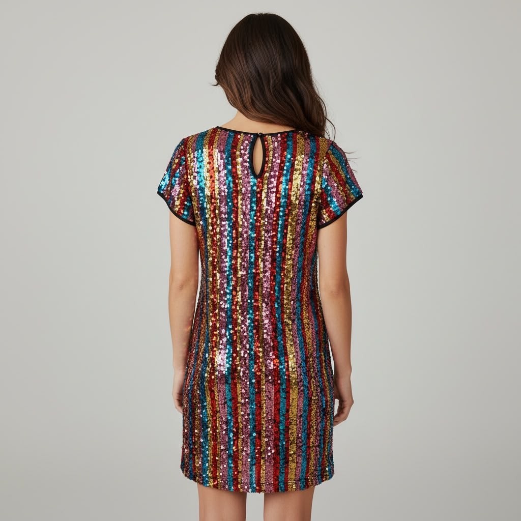 Vestido corto de lentejuelas multicolor a rayas de Tuclosetrenovado.cl con detalle de abertura en la espalda